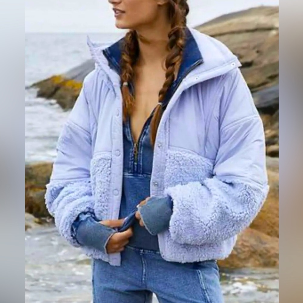 NWOT Free People Adventure Awaits Fleece Hood Fur Contrast Sherpa Jacket